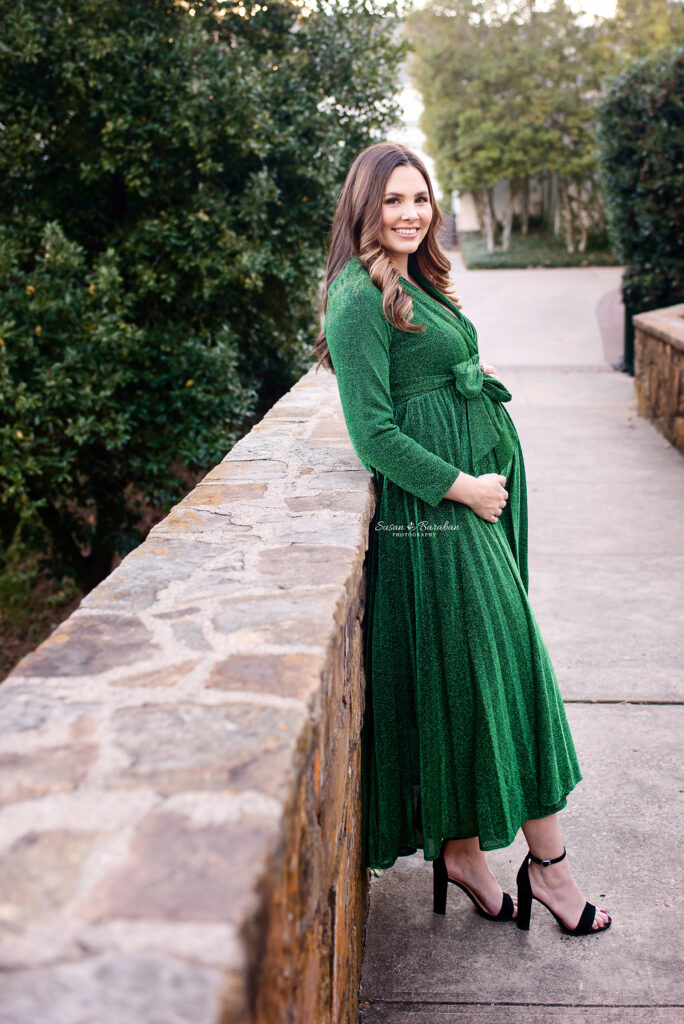 Gorgeous mom-to-be in a sparkly green dress during her Maternity Session with Susan Baraban Photography.